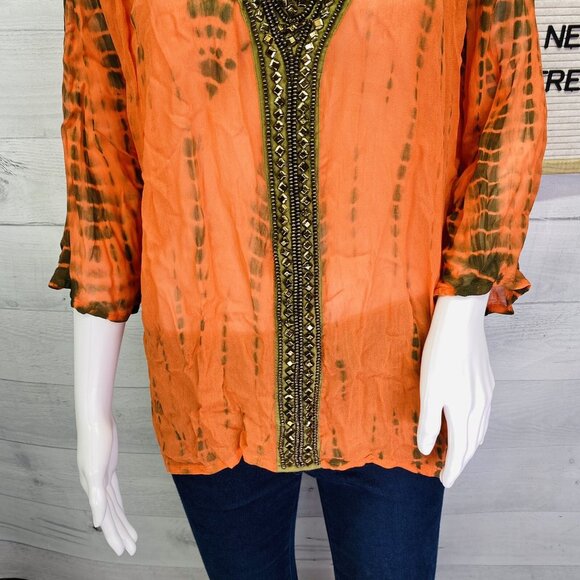 Michael Kors Switzerland Orange Brown Sheer Embellished V Neck Tunic Top Size S - Picture 10 of 16